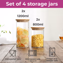 Neo Set of 4 Clear High Borosilicate Glass Storage Jars with Airtight Bamboo Lid Kitchen Pantry Food Canister Container