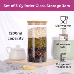 Neo Set of 3 1200ml Clear Cylinder Spaghetti Glass Storage Jars Containers Canisters with Airtight Lid Kitchen Food Preserving Seal