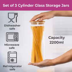Neo Set of 3 2200ml Clear Cylinder Spaghetti Glass Storage Jars Containers Canisters with Airtight Lid Kitchen Food Preserving Seal
