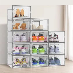 Neo 12 pcs Large Shoe Storage Box Boxes Transparent Clear Plastic Stackable Organiser Containers with Lids for Women/Men Magnetic Closure - Grey