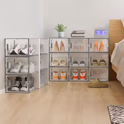 Neo 12 pcs Large Shoe Storage Box Boxes Transparent Clear Plastic Stackable Organiser Containers with Lids for Women/Men Magnetic Closure - Grey