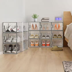 Neo 12 pcs Large Shoe Storage Box Boxes Transparent Clear Plastic Stackable Organiser Containers with Lids for Women/Men Magnetic Closure - White