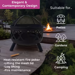 Neo Black Outdoor Heater Fire Pit Bowl Garden Patio Grate Lid Poker BBQ Charcoal Log Wood Burner Bonfire Camping