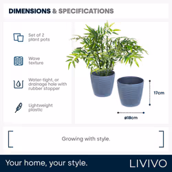 LIVIVO Set of 2 Indoor Plastic Plant Pots - 18cm - GREY