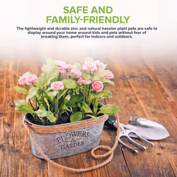 Zinc Plant Pot with Anti-Slug Cotton Rope Handles Home Garden Kitchen - Oval - Additional view 4