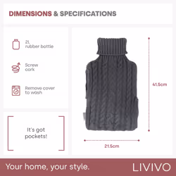 LIVIVO 2L Hot Water Bottle Body Warmer with Pocket - Knitted Grey - Additional view 4