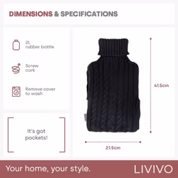 LIVIVO 2L Hot Water Bottle Body Warmer with Pocket - Knitted Black - Additional view 4