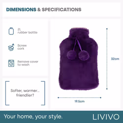 LIVIVO 2L Soft Fluffy Hot Water Bottle with Cover - Purple - Additional view 4