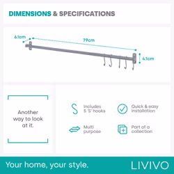 LIVIVO Kitchen Saucepan Lid Hooks Tool Utensils Holder Hanging Rail Rack Wall Mounted - HANGING STORAGE RAIL 79CM -  GREY - Additional view 4