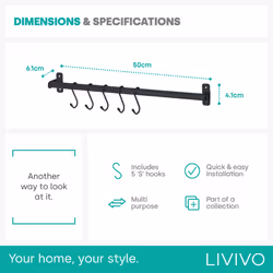 LIVIVO Kitchen Saucepan Lid Hooks Tool Utensils Holder Hanging Rail Rack Wall Mounted - HANGING STORAGE RAIL 50CM -  BLACK - Additional view 4