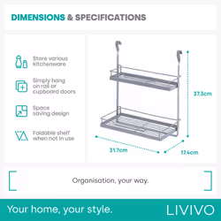 LIVIVO Kitchen Saucepan Lid Hooks Tool Utensils Holder Hanging Rail Rack Wall Mounted - 2 SHELF RACK - GREY - Additional view 4