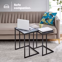 Nesting Coffee Tables C-Shaped Side Tables Metal Frame Glass Top Living Room New - Additional view 2