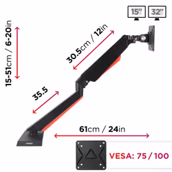 Duronic DMGM5X1 Single Monitor Stand for One 15-32â PC Screen, VESA, LED Gamer Full Motion Gas Arm, Adjustable Height/Tilt/Swivel/Rotation (Black)
