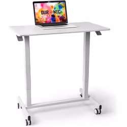 Duronic TM03T Sit-Stand Desk WHITE, Ergonomic Home Office Table on Wheels, 88x50cm Platform, Portable, Adjustable Height 73-1 ...