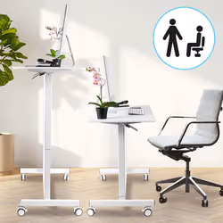 Duronic TM03T Sit-Stand Desk WHITE, Ergonomic Home Office Table on Wheels, 88x50cm Platform, Portable, Adjustable Height 73-107cm, 15kg Capacity
