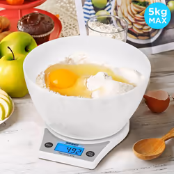 Duronic KS6000 WH/WH Digital Kitchen Scales, 2L Weighing Bowl, 5kg Capacity, LCD Backlit Display, Add & Weigh Tare Function, 1g Precision (White)