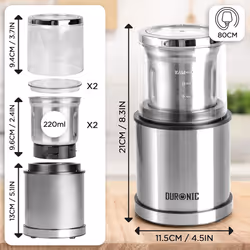Duronic CG421 2-in-1 Coffee & Spice Grinder, Wet & Dry Electric Grinding Mill, 75g / 220ml, 200W, Mini Chopper, Comes with 2X Grind Cups
