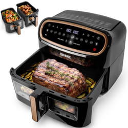 Duronic AF34 BG Triple Drawer 10L Digital Air Fryer with Visual Window Dual Zone 10-in-1 Large Drawer for Family Meals Dishwasher-Safe Non-Stick