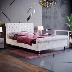 Violetta Bed Frame Sleigh Velvet Fabric Button - Double, Crushed Velvet Silver