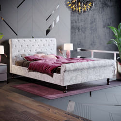 Violetta Bed Frame Sleigh Velvet Fabric Button - Double, Crushed Velvet Silver