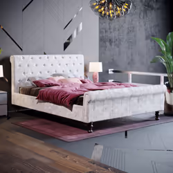 Violetta Bed Frame Sleigh Velvet Fabric Button - King Size, Crushed Velvet Silver