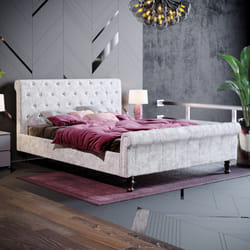 Violetta Bed Frame Sleigh Velvet Fabric Button - King Size, Crushed Velvet Silver