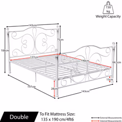 Chicago Metal Bed Frame Crystal Finials Slatted - Double, White
