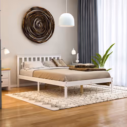 Milan Wood Bed Frame Low Foot Solid Pine Slatted - Double, White