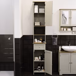Priano 2 Door Tall Cabinet Drawer Standing Mirror Bathroom Cupboard Storage Grey