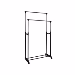 Double Clothes Rail Garment Rack Wheels Adjustable