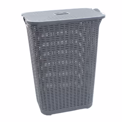 75L Laundry Hamper Storage Linen Clothes Washing Basket Lid Plastic Rattan Style - Grey