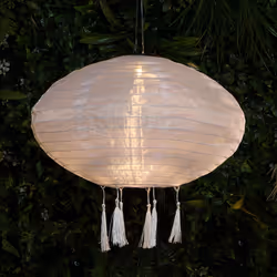 40cm Solar Power White Fabric Hanging Tassel LED Light Up Lantern | Outdoor Garden Decoration