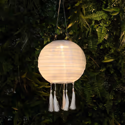 20cm Solar Power White Fabric Hanging Tassel LED Light Up Lantern | Outdoor Garden Decoration