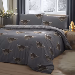 Highland Cow Grey Tartan Reverse King Size Duvet Set