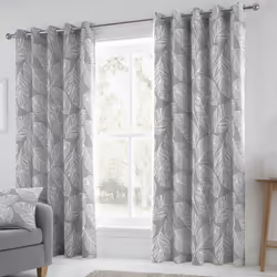 Fusion Matteo Botanical Palm Leaf Print 100% Cotton Eyelet Lined Curtains - Grey, 66 x 54 Inch