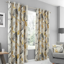 Fusion Ensley Botanical Print 100% Cotton Eyelet Lined Curtains - Ochre, 90 x 90 Inch