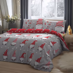 Fusion Christmas Gnome For Christmas 100% Brushed Cotton Reversible Duvet Cover Set - Silver, Double