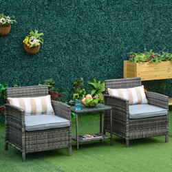Outsunny 3 PC Outdoor Rattan Sofa Set w/ Chairs Coffee Table Cushion Grey