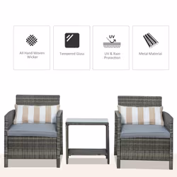 Outsunny 3 PC Outdoor Rattan Sofa Set w/ Chairs Coffee Table Cushion Grey