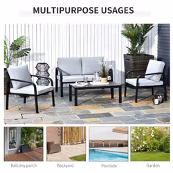 Outsunny 4pcs Garden Sectional Loveseat Chairs Table Furniture w/ Cushion, Black