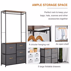 HOMCOM Storage Coat Rack Hallway Bedroom Organiser Shelves w/ Hanger, 5 Drawer