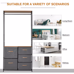 HOMCOM Storage Coat Rack Hallway Bedroom Organiser Shelves w/ Hanger, 5 Drawer - Additional view 4