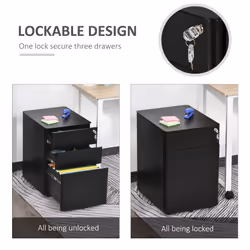 Vinsetto 3 Drawer Metal Filing Cabinet Lockable 5 Wheels Under Desk Black