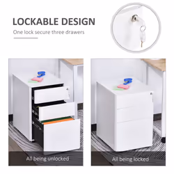 Vinsetto 3 Drawer Metal Filing Cabinet Lockable 5 Wheels Under Desk White