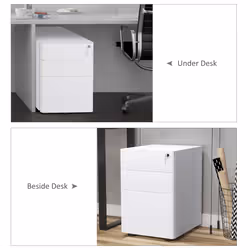 Vinsetto 3 Drawer Metal Filing Cabinet Lockable 5 Wheels Under Desk White