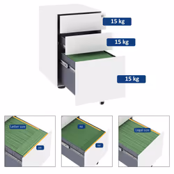 Vinsetto 3 Drawer Metal Filing Cabinet Lockable 5 Wheels Under Desk White - Additional view 6
