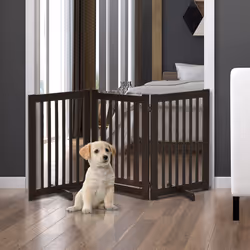 PawHut 155cm Expandable 3-Panel Freestanding Dog Pet Gate w/ Latched Door Brown