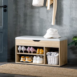 HOMCOM Sit-On Shoe Storage Unit w/ Hidden Compartment Handles Grey, Oak