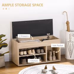 HOMCOM Sit-On Shoe Storage Unit w/ Hidden Compartment Handles Grey, Oak