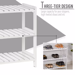 HOMCOM 3-Tier Shoe Rack Wood Slatted Shelves Open Storage White - Additional view 4